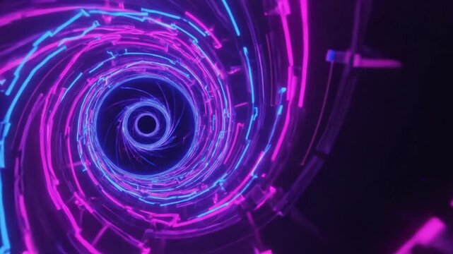 Abstract vortex of swirling neon light tunnel with geometric patterns and glowing streaks