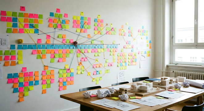 Large white wall covered with colorful sticky notes and architectural models on office table inside.