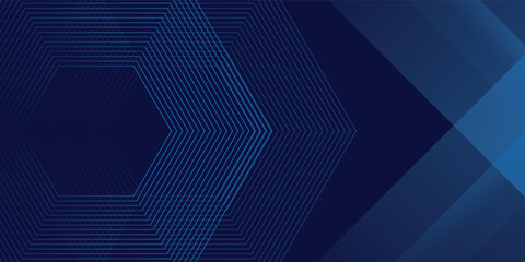 Obraz premium Abstract dark blue background with thin concentric hexagon lines and overlapping diagonal geometric shapes. Modern futuristic corporate design with sleek professional tech patterns.
