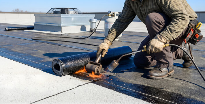 Roofer using a seam roller and propane torch to seal a bitumen roofing membrane lap joint on a flat rooftop.