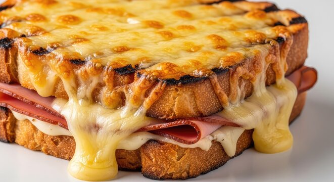 A golden brown croque monsieur sandwich features melted bubbly cheese dripping over toasted bread slices with layers of savory ham inside, snack, breakfast, crust