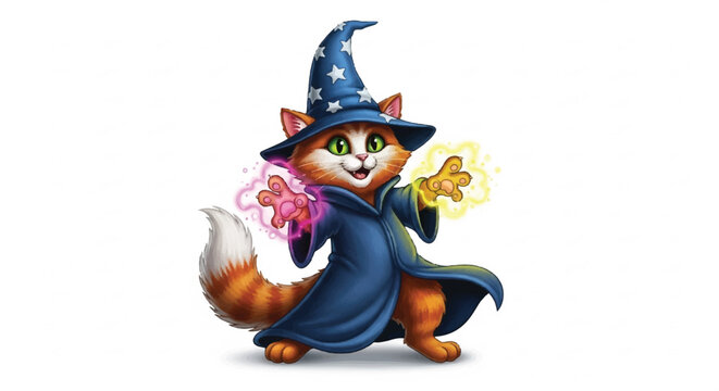 Cute Orange Cat Wizard Casting Magic Spells.