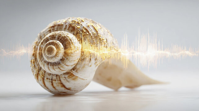 Close up of a spiral seashell with a golden audio waveform and sound wave overlay on a minimalist background