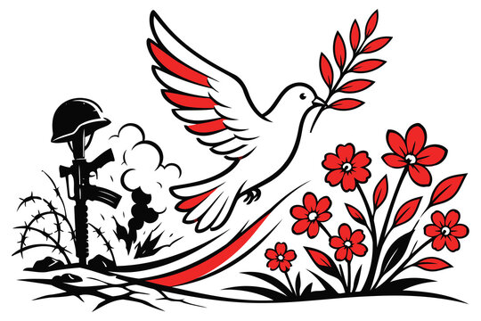 Peace dove flying with olive branch and flowers Vector