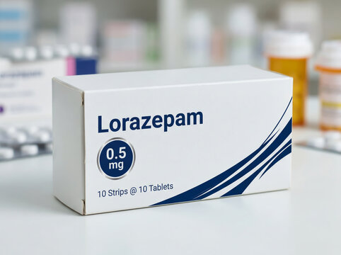 Box of Lorazepam medication on a pharmacy shelf