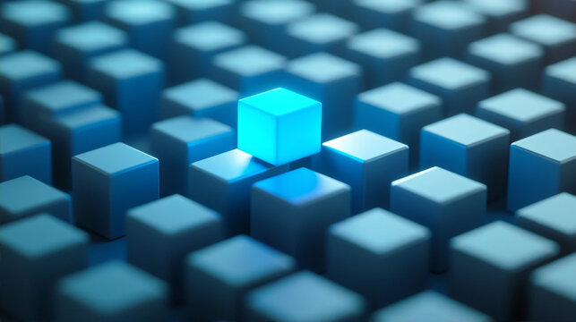 Unique glowing blue cube standing out from a matrix of dark cubes, 3D abstract concept of leadership and innovation