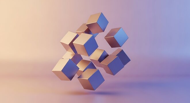 Floating metallic cubes arranged in a geometric abstract pattern with soft purple and orange studio lighting. 12 square boxes