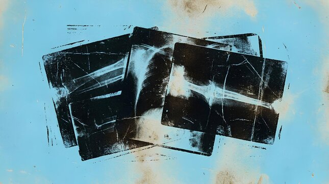 Grunge printmaking linocut texture set on sky blue background. Hand drawn x-ray effect rectangle shapes