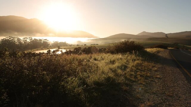 sunrise and fog over lake and farm land, Stanford, South
Africa