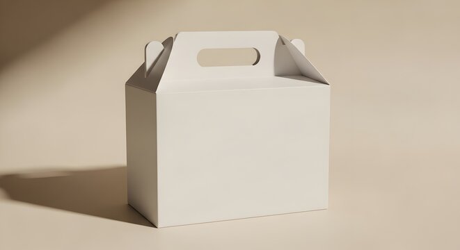 Minimalist white gable box mockup with handle isolated on beige background ideal for branding and product presentation