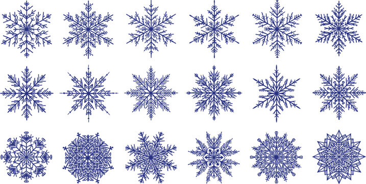Intricate blue snowflakes collection, winter decorative patterns, frosty ice crystals, geometric symmetry, seasonal holiday design, artistic vector illustration