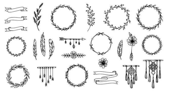 Hand drawn boho graphic vector set with ribbons floral wreaths feathers and arrows isolated illustration