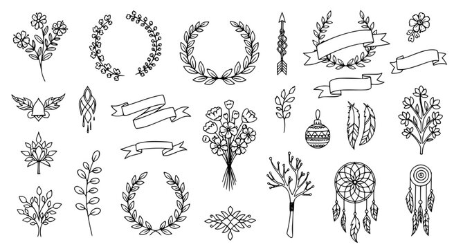 Cute boho floral doodle set with hand drawn ribbons feathers botanical wreaths and arrows vector collection