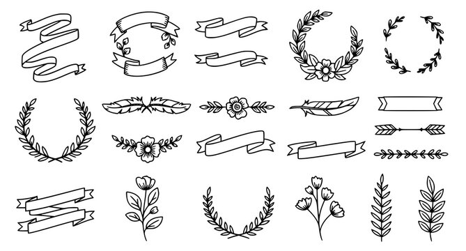 Minimal boho outline vector collection with floral wreaths ribbons feathers and decorative botanical elements