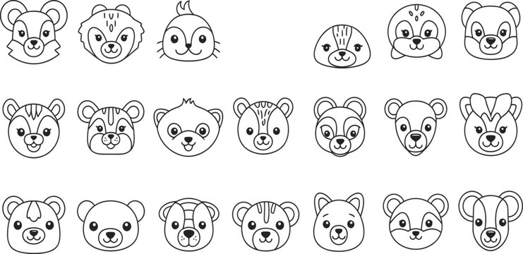 Cute cartoon animal face outline icon set with bear rabbit dog chick pig fox and baby wildlife heads
