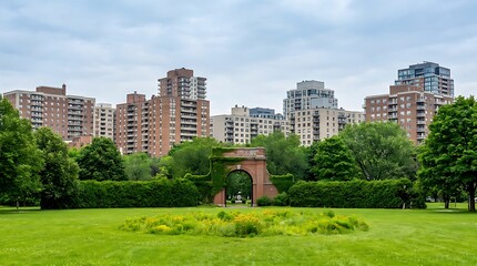 Obraz premium A scenic view of the soldiers monument archway in riverside park, new york city, surrounded by lush green trees and urban apartment buildings