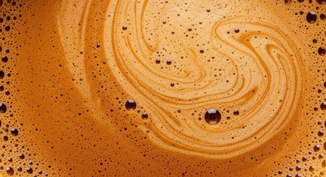 Detailed close-up of thick coffee foam texture with velvety bubbles and golden brown crema patterns, creating a warm and inviting beverage look, wallpaper, foam, cup