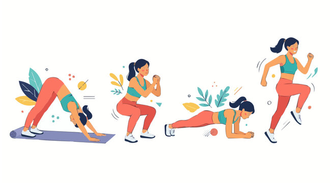 Workout Sequence Illustration Woman Performing Yoga Squat Plank and Running Exercises Vector
