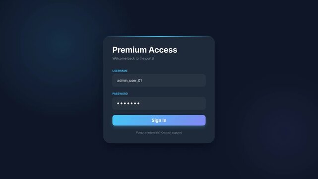 Premium Access Login Interface with Dark Theme and Secure Password Entry.