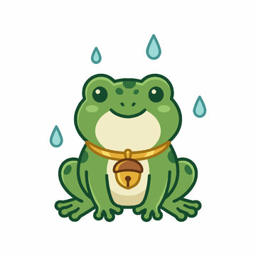Cute cartoon green frog character wearing a bell collar in the rain.