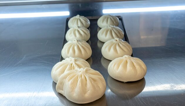 Fluffy white baozi buns with savory pork filling peeking through, ready to eat on a serving tray