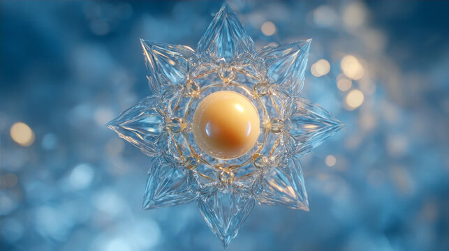 Macro view of a crystalline snowflake with a glowing golden sphere in the center on an abstract blue bokeh background
