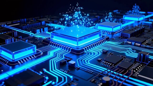 Circuit board with glowing blue components