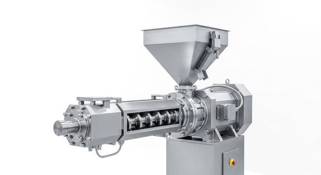 Massive industrial twin screw extruder featuring a large diameter barrel and a steel hopper for processing bulk raw materials in a plant, workshop, assembly, hopper