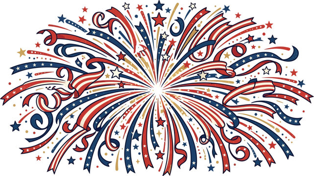 Fireworks with red and blue ribbons explode in the dark night sky.