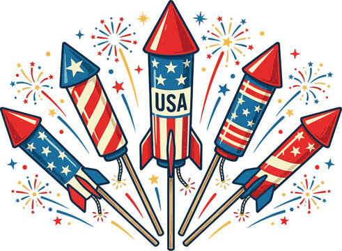 Fireworks rockets designed with patriotic American colors celebrate.
