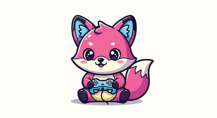 Fototapeta premium Cute Pink Fox Character Playing Video Games.