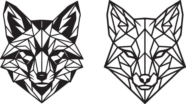 Geometric fox heads, two stylized line of fox faces constructed from triangles and polygons, presented in black and white on a transparent background.keywords: fox, animal, head, face, geometric