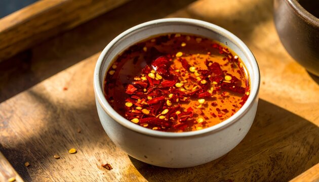 Rich Spicy Chili Oil Condiment with Sesame Seeds in a Ceramic Bowl on a Wooden Surface