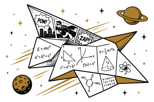 Colorful science-themed origami star with equations and space elements Vector