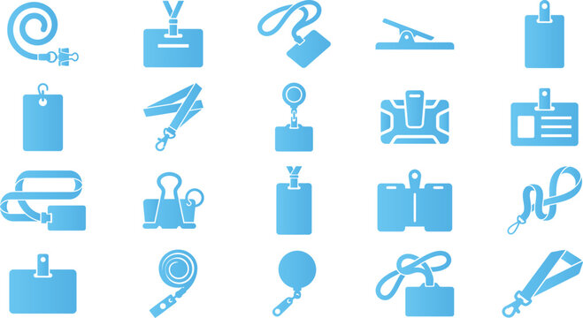 Collection of blue icons related to lanyards and identification badges.