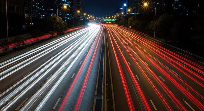 Vibrant light trails of cars streak across a multilane highway at night, creating a glowing urban tapestry of constant motion and speed, city lights, infrastructure, way