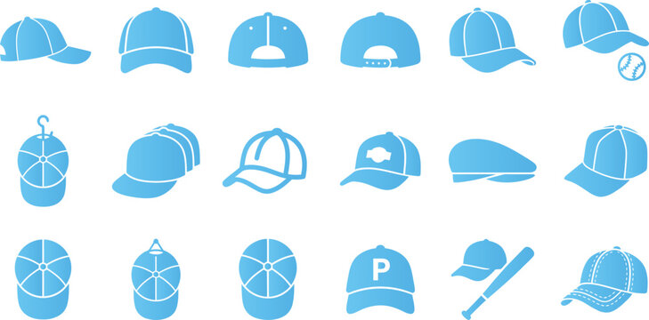 Assortment of blue icons for baseball caps and headwear.