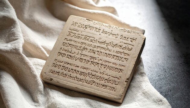 Intact clay tablet with clear Akkadian cuneiform text angled for optimal viewing on textured fabric