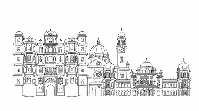 Artistic Indore City Skyline Illustration Featuring Famous Indian Architectural Landmarks and Historic Monuments in Modern Vector Style with Minimalist Urban Design for Travel Promotion.