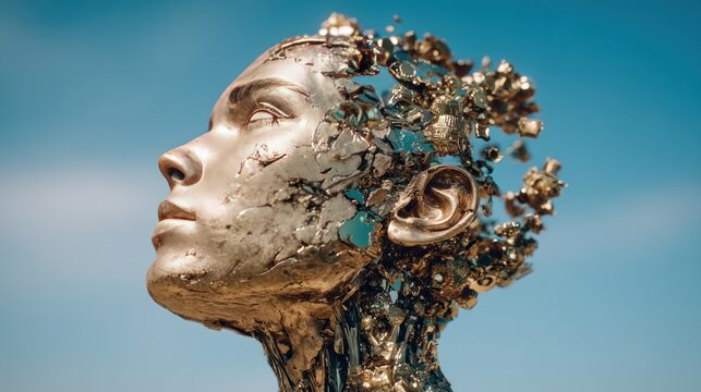Abstract metallic portrait of a woman with shattered gold fragments forming a sculptural head