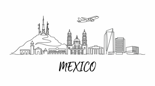 Aerial panoramic flight over Hermosillo city skyline in Sonora Mexico featuring a commercial airplane soaring through a clear blue sky above urban architecture and desert landscape mountain.