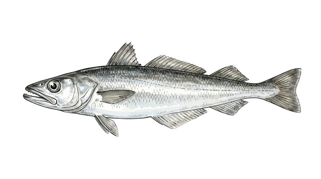 Handdrawn digital illustration of fresh silver hake fish isolated on white marine background, realistic seafood drawing featuring detailed fins, scales, and aquatic ocean life artistic features.