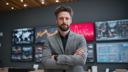 Fototapeta premium A mature man stands confidently in a modern office setting.