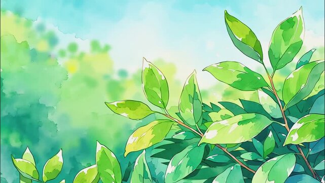 新緑の枝葉がゆっくり揺れる水彩風アニメ背景 自然 癒し イラスト素材