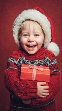 A joyful young child wearing a festive red sweater and Santa hat holds a brightly wrapped gift, exuding happiness during the holiday season in a vibrant red backdrop.