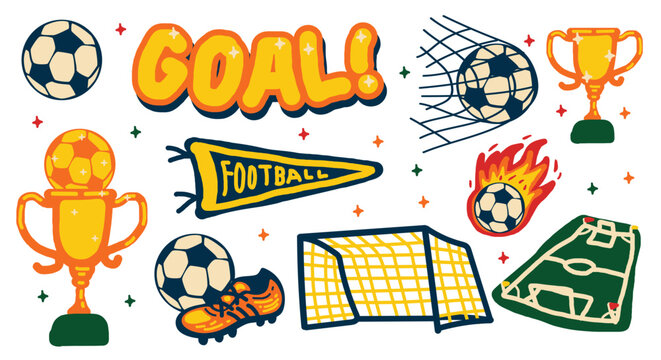 Retro football soccer doodle vector element sticker set collection