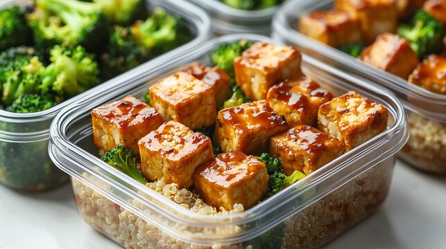 Healthy meal prep containers filled with quinoa, glazed tofu, and steamed broccoli for balanced nutrition.
