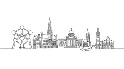Fototapeta premium Minimalist vector illustration of the Brussels city skyline featuring iconic landmarks and architectural silhouettes in a clean modern outline style for urban design projects and travel concepts.