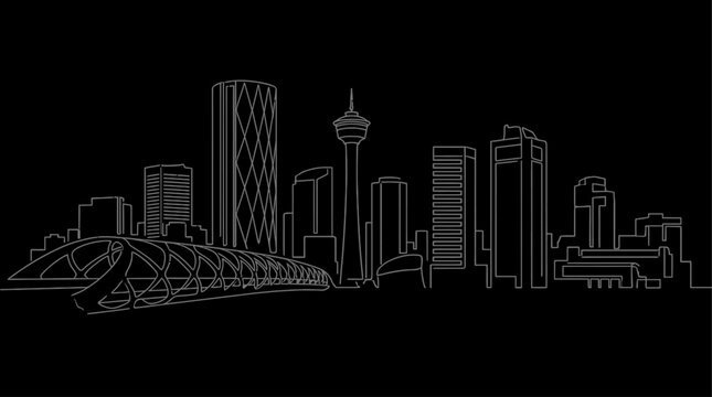 Modern Calgary City Skyline Silhouette against Solid Black Background, Minimalist Urban Landscape featuring Bow River Skyscrapers and Iconic Alberta Architecture in Dark Night Aesthetic.