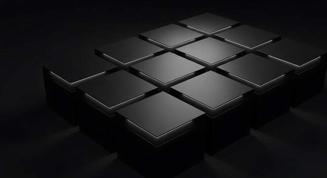Abstract dark background with a grid of smooth black square tiles with glowing edges in a dark room. 12 square boxes